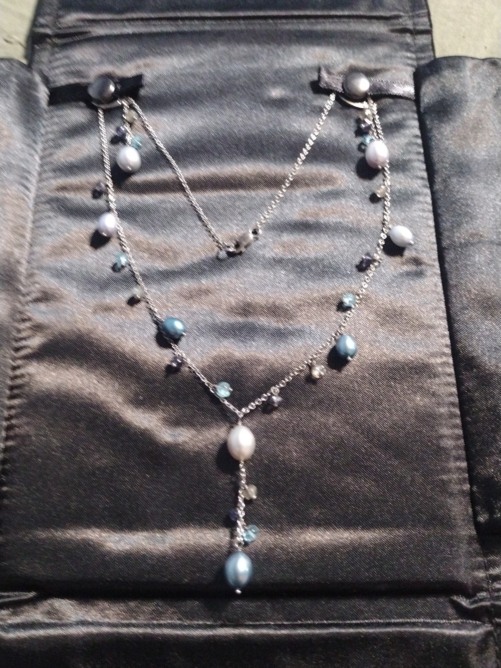 Zales Silver Layered Necklace with Blue and White Pearls